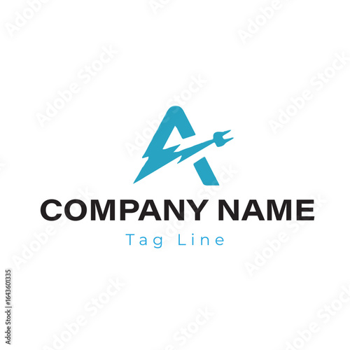Letter A Electrician Logo: Blue Alphabet Mark with Lightning Bolt and Wrench, Representing Electrical Repair, Energy Service, Power, Technology, and Automotive Maintenance Business