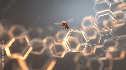 A delicate bumblebee hovering over glowing geometric honeycomb structures with a medicinal aura.