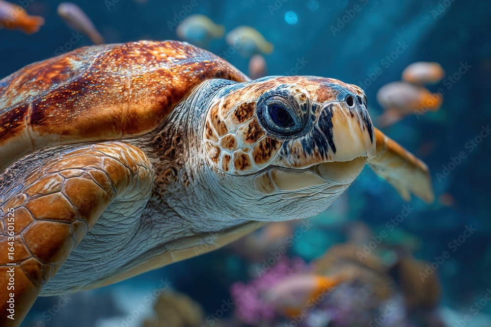 Fototapeta premium Sea turtle in the ocean surrounded by colorful corall reefs and fish. Generative Ai