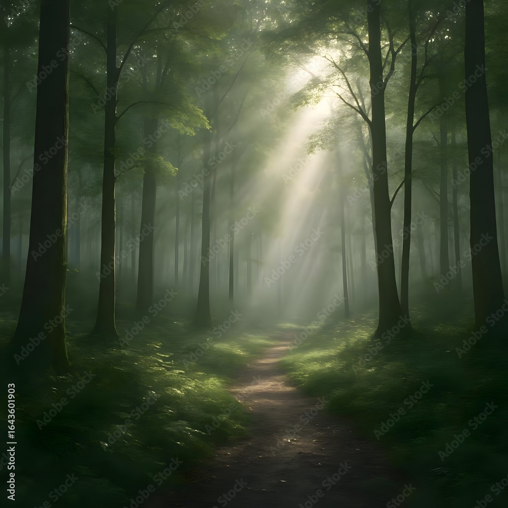 Obraz premium Sun Rays Illuminating a Path Through a Misty Green Forest
