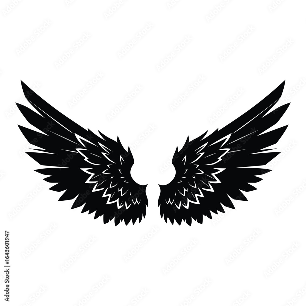 Obraz premium Black grunge textured angel wings spread wide against white background