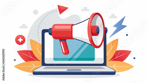 Vector art of megaphone on a laptop screen representing digital marketing and online promotion, isolated on white background
