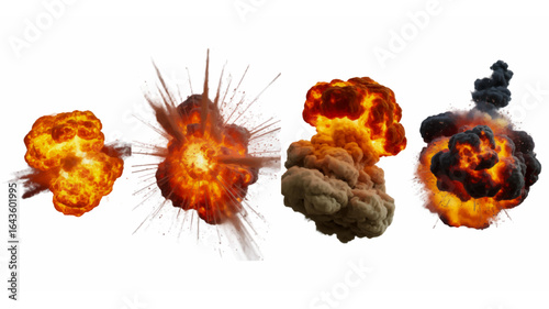 A diverse set of four realistic explosions showing different stages of a blast, isolated on a white background for graphic design and visual effects.