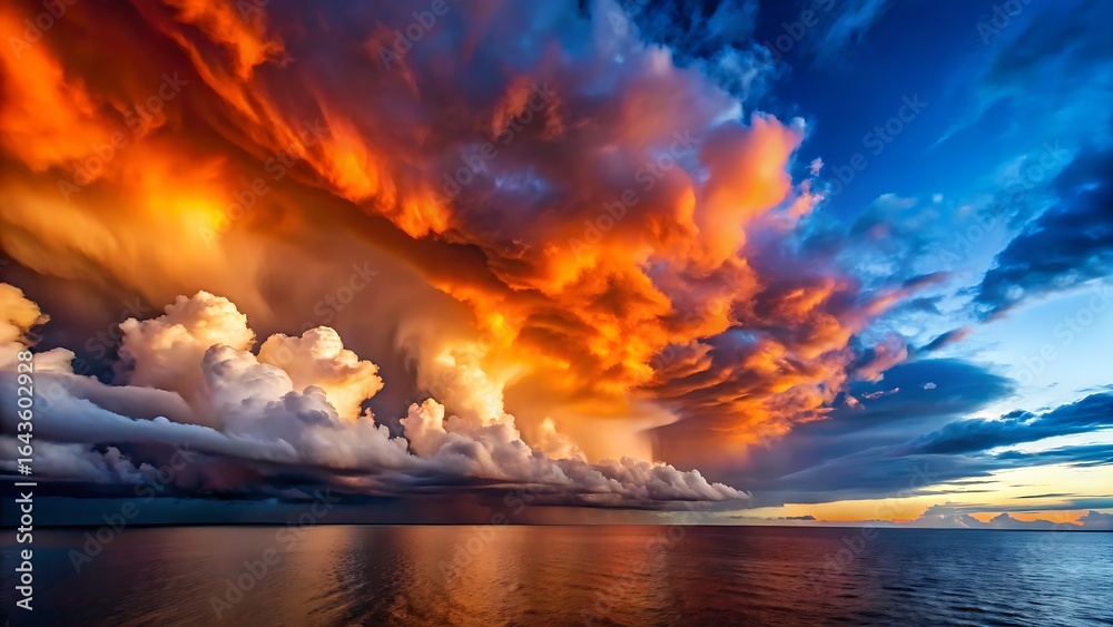 Fototapeta premium Dramatic sunset sky explodes with fiery orange and red clouds over a calm reflective ocean horizon