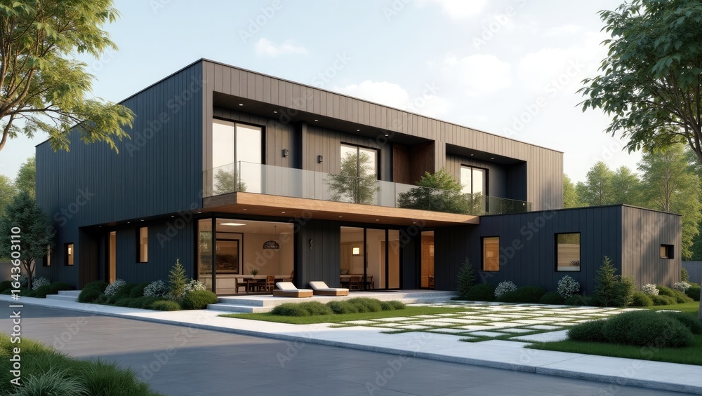 Modern two-story home with contemporary exterior design. Modern two-story home with contemporary exterior design.