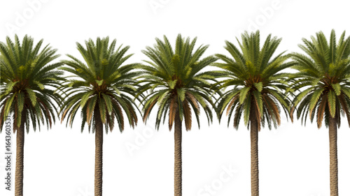 A straight line of lush green tropical palm trees in a row. A digital vector illustration isolated on a white background for summer vacation and exotic themes.