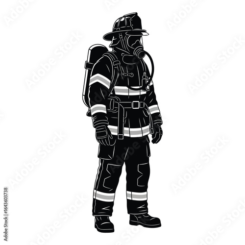 Firefighter in full protective gear and breathing apparatus standing