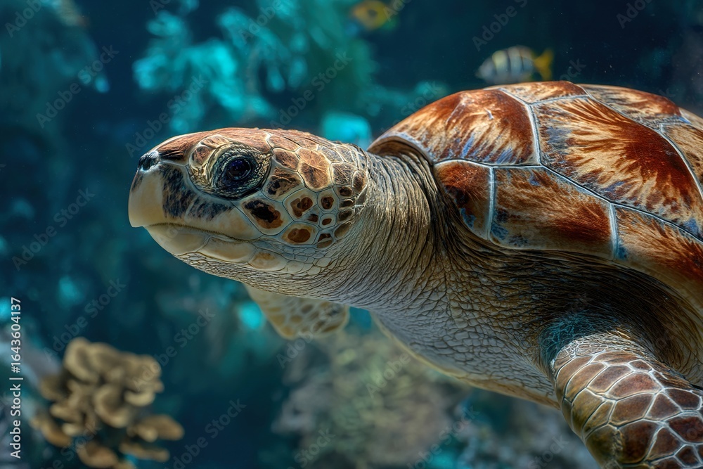 Fototapeta premium Sea turtle in the ocean surrounded by colorful corall reefs and fish. Generative Ai