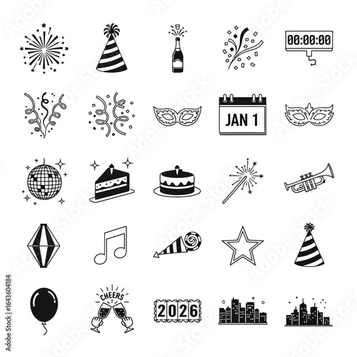 New Year 2026 party and celebration icon set. Outline symbols for festive holiday events.