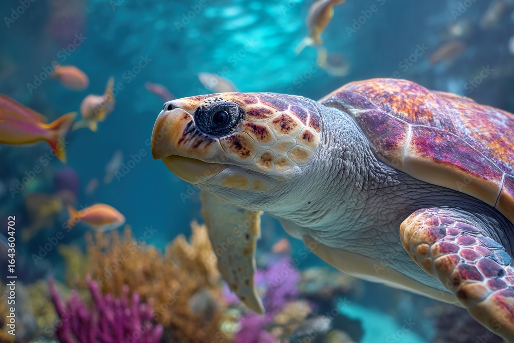 Fototapeta premium Sea turtle in the ocean surrounded by colorful corall reefs and fish. Generative Ai