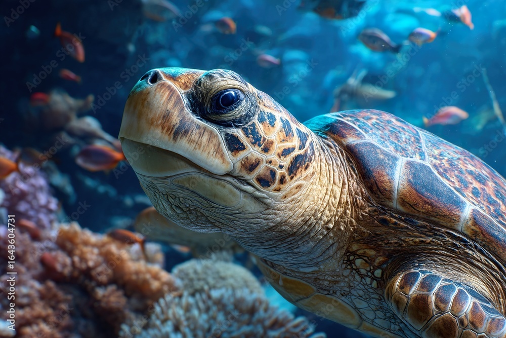 Fototapeta premium Sea turtle in the ocean surrounded by colorful corall reefs and fish. Generative Ai