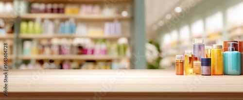 Wallpaper Mural The arrangement of colorful beauty products on a wooden table in a modern store. Torontodigital.ca