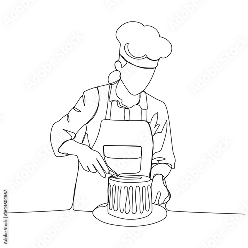Continuous one line drawing of a baker decorating a cake. Vector illustration 