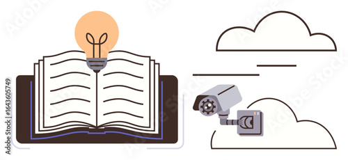 Open book with glowing light bulb above symbolizes ideas and learning, surveillance camera highlights observation, and cloud elements hint at data and technology. Ideal for education, security