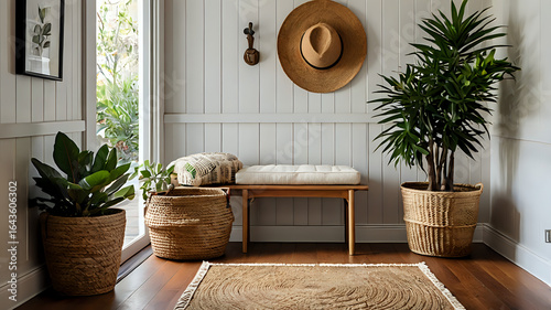 modern living room, Simple entryway featuring a wooden bench, woven baskets, potted plants, and natural rugs on hardwood floor