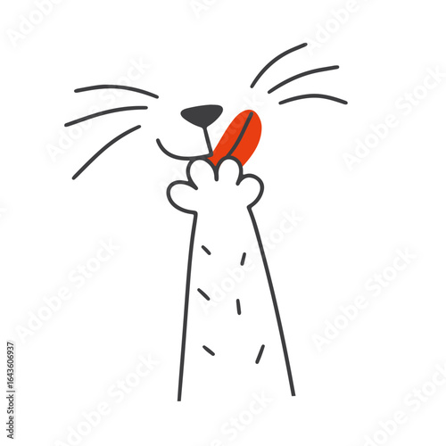 Cat licking paw. Doodle funny isolated graphic element with cute animal