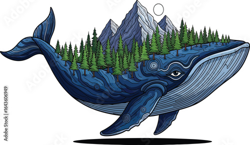 A majestic whale, its body a vibrant ecosystem of mountains, forests, and a serene moon.