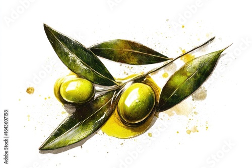 A vibrant watercolor painting depicts three ripe green olives on a branch with leaves, surrounded by splatters of olive oil