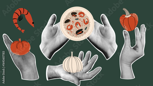 Set of retro collage elements with paella, vegetables and seafood. Halftone hands in vintage style.