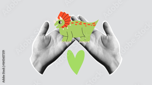 Trendy dinosaur love collage concept. Halftone hands and cute triceratops with a green heart.