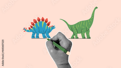 Dino art concept illustration. A halftone hand drawing a stegosaurus and brachiosaurus.