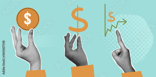 Set of retro collage elements with hands holding a coin and money. Business vintage set.