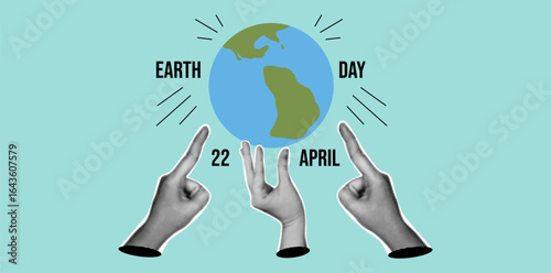 Earth day retro halftone design. Hands reaching for a globe illustration with the words Earth Day, 22 April. Perfect for banners, posters, and social media content.