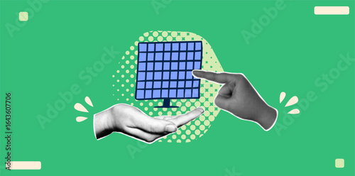 Retro collage the concept of green energy. Solar panel with  halftone hands.