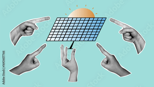 Solar panel halftone collage. Green energy sustainable banner. Retro design