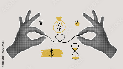 Success trendy vintage collage conception. Halftone hands,  Money bag, hour glass. Business banner, poster
