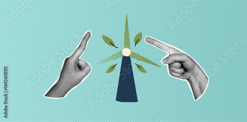 Trendy vintage collage concept for eco-friendly energy. Dotted hands pointing on wind turbine surrounded by green leaves. .