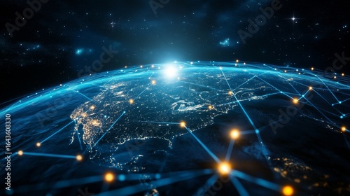 A global digital network encompassing planet Earth, with bright blue streams of light symbolizing connections and information exchange