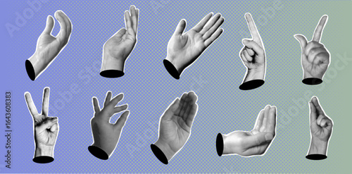 Various hand gestures in halftone style. Different vintage hands.