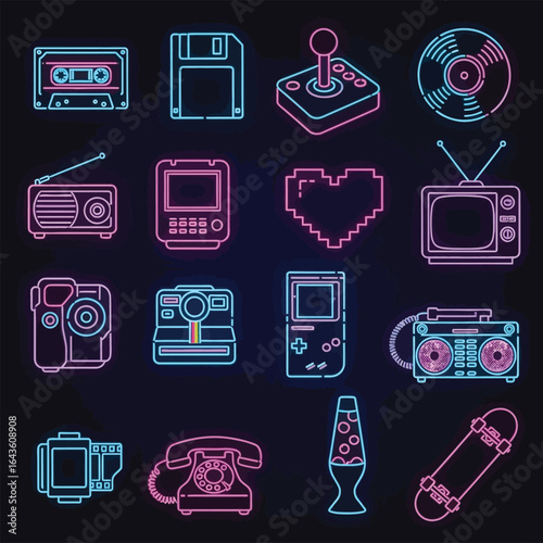 Neon Retro Tech and Entertainment Gadgets Line Art Graphic Illustration