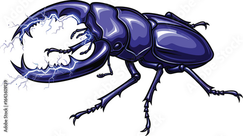 A powerful purple stag beetle with large mandibles crackling with blue electrical energy.