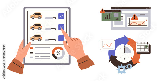 Hands selecting cars on a tablet list with checkboxes, graphs on screens, analytics tools, and process flow plus gear icons. Ideal for logistics, fleet management, planning, data insights, monitoring
