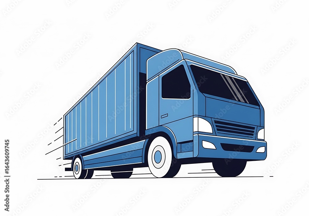 Fototapeta premium Stylized blue delivery truck illustration with speed lines indicating motion showcasing logistics