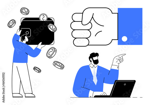 Businessman at laptop pointing forward, person holding wallet with coins, and a large hand icon. Ideal for finance, business strategy, savings, technology, leadership, investment simple flat