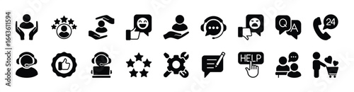 Customer service icon vector set. Contains satisfied support, 24 hours help call center, client feedback, experience, question, complaint, operator, assistance, technical support, contact phone