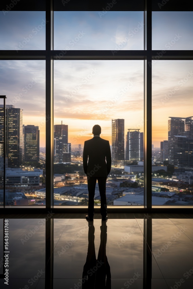 Fototapeta premium Silhouetted entrepreneur at office window overlooking city skyline