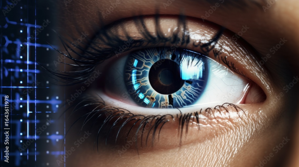 Obraz premium Cybernetic eye with blue digital tech enhancements