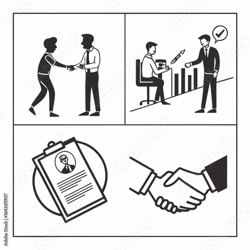 Business professionals engage in handshake agreements review resumes and discuss growth charts in a collaborative work environment