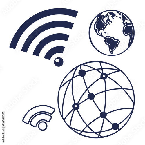 Global connectivity and wireless communication icons illustrating worldwide network and internet access