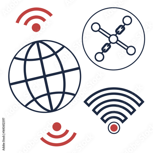 Global network connectivity with wireless signals and network node icons representing internet and communication