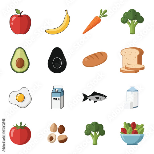 Healthy Eating Vector Icons of Balanced Diet Ingredients for Wellness