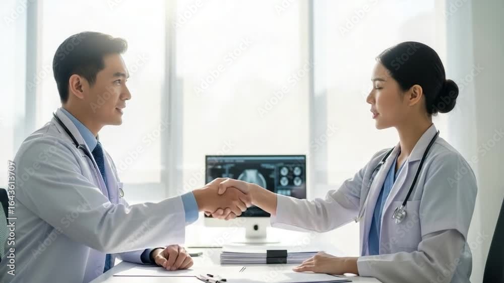 Doctors Shaking Hands in Modern Clinic with Medical Imaging Screen Doctors Shaking Hands in Modern Clinic with Medical Imaging Screen