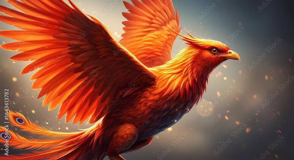 Fototapeta premium Phoenix bird with fiery orange wings flying in the sky