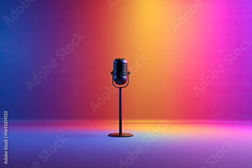 A vintage-style microphone on a stand, centrally positioned against a vibrant, multicolored backdrop of purple, orange, and yellow gradient lighting