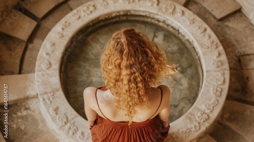 Woman with vibrant ginger hair gazes into the depths of a stone well structure