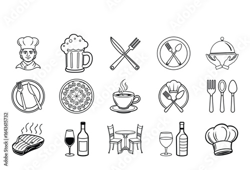 Catering & Restaurant Line Icons - Food, Drink & Chef Vector Pack

